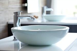 Modern public bathroom with row of white ceramic wash sink basins and faucet with mirror in restroom concept by AI Generated photo