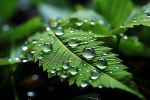 Macro shot of green leaves with water droplets, dew or rain drop on them. Green leaf nature forest concept by photo