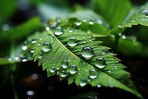 macro Disparo de verde hojas con agua gotas, Rocío o lluvia soltar en a ellos. verde hoja naturaleza bosque concepto por ai generado foto