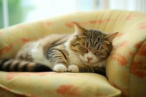 Cute cat sleeping or resting on the sofa at home. Lazy cat sleeping on the sofa. Cat day concept by AI Generated photo