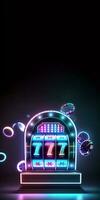 Glowing Neon Casino Slot Machine with 777 Symbol, Floating Poker Chips or Token on Dark Background. Generative AI Technology. photo