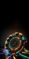 3D Render of Glowing Neon Roulette Wheel with Flares on Dark Background, Casino Game Concept. Generative AI Technology. photo