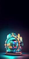 3D Render of Glowing Neon Roulette Wheel with Flares on Dark Background, Casino Game Concept. Technology. photo