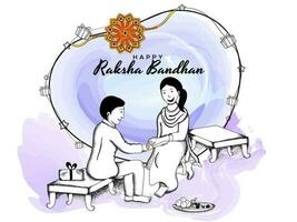 Happy Raksha Bandhan Celebration Concept with Doodle Style Illustration of Sister Tying Rakhi to Her Brother on Abstract Watercolor Effect Background. vector