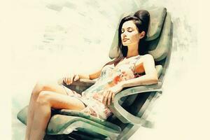 a beautiful woman wearing a dress, lying down on a futuristic-looking chair, possibly reclining or sleeping. The chair is situated in a room, and the woman appears to be enjoying her time on it. photo