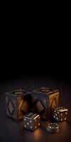 Black and Golden Combination of Playing Card Boxes with Dice, Poker Chips on Dark Background. Casino Game or Gambling Concept. . photo