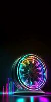 Neon Light Spinning Wheel Stand on Dark Background, Casino Game Concept. Vertical Banner or Template Design, Generative AI. photo