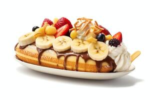 A delicious Banana split ice cream dessert with chocolate syrup. Banana split ice cream dessert by AI Generated photo