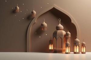 Eid mubarak and ramadan kareem greetings with islamic lantern and mosque. Eid al fitr background. Eid al fitr background of window concept by AI Generated photo