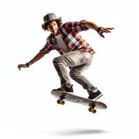A caucasian man doing tricks or jumping on a skateboard at the street. Young man with skater jumping concept by photo