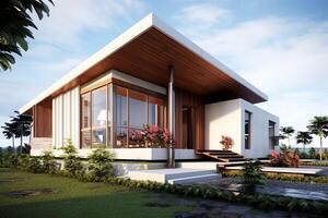 Beautiful modern house exterior with carport. Modern residential district and minimalist building concept by AI Generated photo