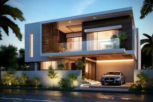 Beautiful modern house exterior with carport. Modern residential district and minimalist building concept by AI Generated photo