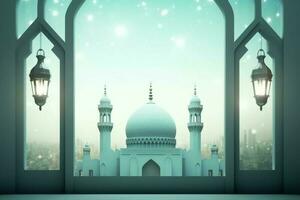 Eid mubarak and ramadan kareem greetings with islamic lantern and mosque. Eid al fitr background. Eid al fitr background of window concept by AI Generated photo