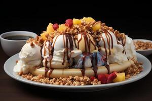 A delicious Banana split ice cream dessert with chocolate syrup. Banana split ice cream dessert by photo