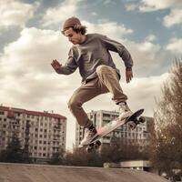 A caucasian man doing tricks or jumping on a skateboard at the street. Young man with skater jumping concept by photo