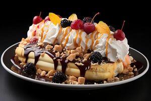 A delicious Banana split ice cream dessert with chocolate syrup. Banana split ice cream dessert by photo