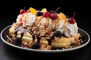 A delicious Banana split ice cream dessert with chocolate syrup. Banana split ice cream dessert by AI Generated photo