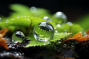 macro Disparo de verde hojas con agua gotas, Rocío o lluvia soltar en a ellos. verde hoja naturaleza bosque concepto por ai generado foto