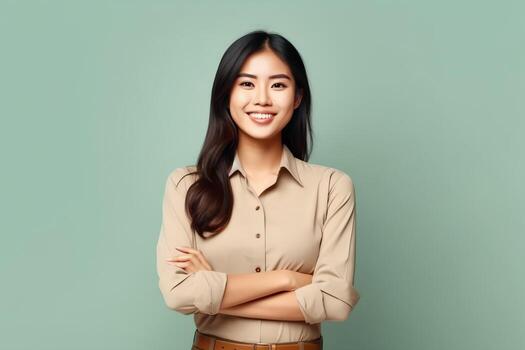 Beautiful asian woman in casual with smile cheerful. Studio shot asian woman standing hand gesture concept by photo