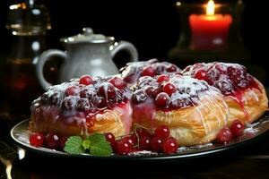 Homemade of delicious pastry or pancakes with fruit danishes and cherry. Danish pastry and dessert concept by AI Generated photo