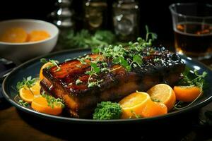 A delicious crispy pork belly fancy on plate. Restaurant food and asian cuisine concept by AI Generated photo