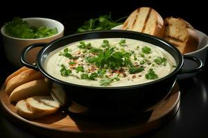 A delicious chicken soup food with vegetables in a bowl. Winter food and high protein soup meal concept by AI Generated photo