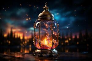 Eid mubarak and ramadan kareem greetings with islamic lantern and mosque. Eid al fitr background. Eid al fitr background of window concept by photo