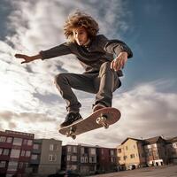 un caucásico hombre haciendo trucos o saltando en un patineta a el calle. joven hombre con patinador saltando concepto por ai generado foto