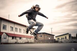 A caucasian man doing tricks or jumping on a skateboard at the street. Young man with skater jumping concept by photo