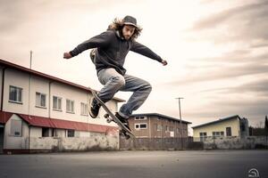 un caucásico hombre haciendo trucos o saltando en un patineta a el calle. joven hombre con patinador saltando concepto por ai generado foto