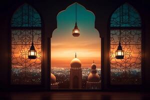 Eid mubarak and ramadan kareem greetings with islamic lantern and mosque. Eid al fitr background. Eid al fitr background of window concept by photo