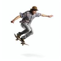 A caucasian man doing tricks or jumping on a skateboard at the street. Young man with skater jumping concept by AI Generated photo