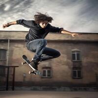 A caucasian man doing tricks or jumping on a skateboard at the street. Young man with skater jumping concept by photo