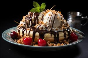 A delicious Banana split ice cream dessert with chocolate syrup. Banana split ice cream dessert by AI Generated photo