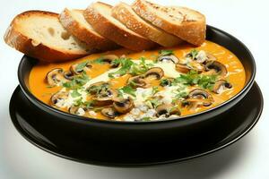 A delicious bouillabaisse soup food in a bowl. Marseille food and healthy protein soup meal concept by AI Generated photo