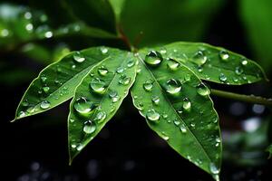 macro Disparo de verde hojas con agua gotas, Rocío o lluvia soltar en a ellos. verde hoja naturaleza bosque concepto por ai generado foto