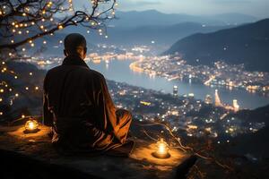 un Buda se sienta en el montaña con un loto y velas antecedentes para vesak celebracion. vesak día concepto. vesak celebracion día saludos concepto por ai generado foto