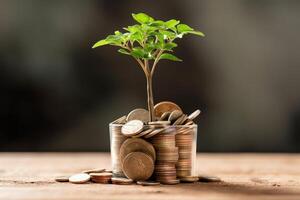 Business growth with a growing tree on a coin. Showing financial developments. Financial planning concept by AI Generated photo