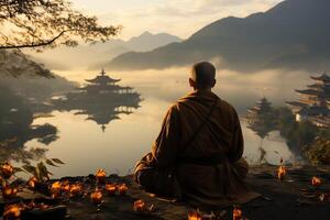 A buddha sits in the mountain with a lotus and candles. Background for vesak celebration. Vesak day concept. Vesak celebration day greetings concept by photo