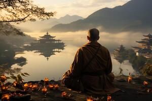 A buddha sits in the mountain with a lotus and candles. Background for vesak celebration. Vesak day concept. Vesak celebration day greetings concept by AI Generated photo