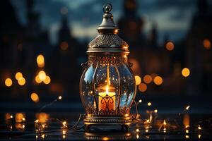 Eid mubarak and ramadan kareem greetings with islamic lantern and mosque. Eid al fitr background. Eid al fitr background of window concept by photo