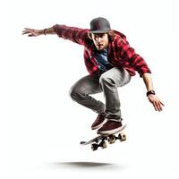 A caucasian man doing tricks or jumping on a skateboard at the street. Young man with skater jumping concept by AI Generated photo