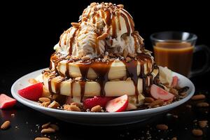 A delicious Banana split ice cream dessert with chocolate syrup. Banana split ice cream dessert by photo