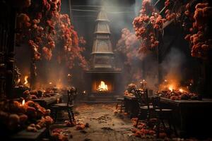 Haunted house on halloween celebration concept. Spooky house halloween background with deserted building and pumpkin. Scary house with creepy building at night by photo