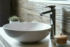 Modern public bathroom with row of white ceramic wash sink basins and faucet with mirror in restroom concept by AI Generated photo