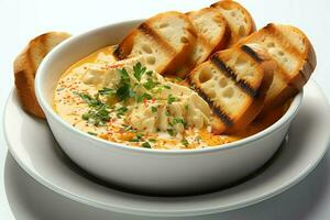 A delicious bouillabaisse soup food in a bowl. Marseille food and healthy protein soup meal concept by AI Generated photo