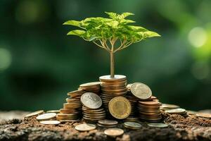 negocio crecimiento con un creciente árbol en un moneda. demostración financiero desarrollos financiero planificación concepto por ai generado foto