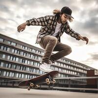 A caucasian man doing tricks or jumping on a skateboard at the street. Young man with skater jumping concept by photo