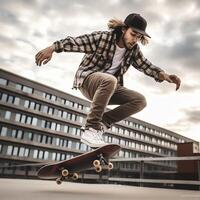 un caucásico hombre haciendo trucos o saltando en un patineta a el calle. joven hombre con patinador saltando concepto por ai generado foto