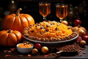 Thanksgiving day meal with pie, pumpkin, oranges, or roasted chicken in oven form. Thanksgiving food concept by photo